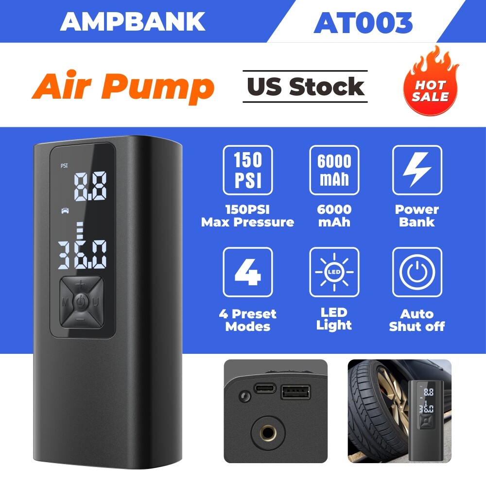 AMPBANK AT003 Super Fast 150PSI 12V Portable Tire Inflator and Air Compressor