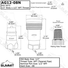 1/2″ Ag ISO 5675 Hydraulic Quick Connect Male Coupler, Poppet Valve, 1/2″ NPT
