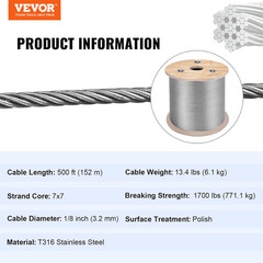 Stainless Steel Cable Railing 1/8″ X 500Ft, Wire Rope 316 Marine Grade, Braided