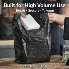 Bags 1/6 Large 21 x 6.5 x 11.5 BLACK T-Shirt Plastic Grocery Shopping Bags