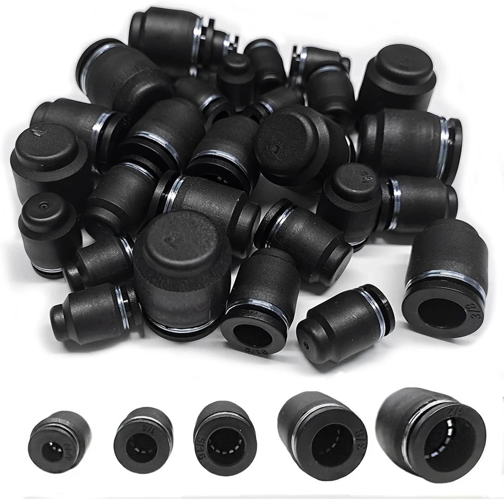 30PCS Pneumatic Cap Style Plug Fitting, Push-to-Connect Air Line Black
