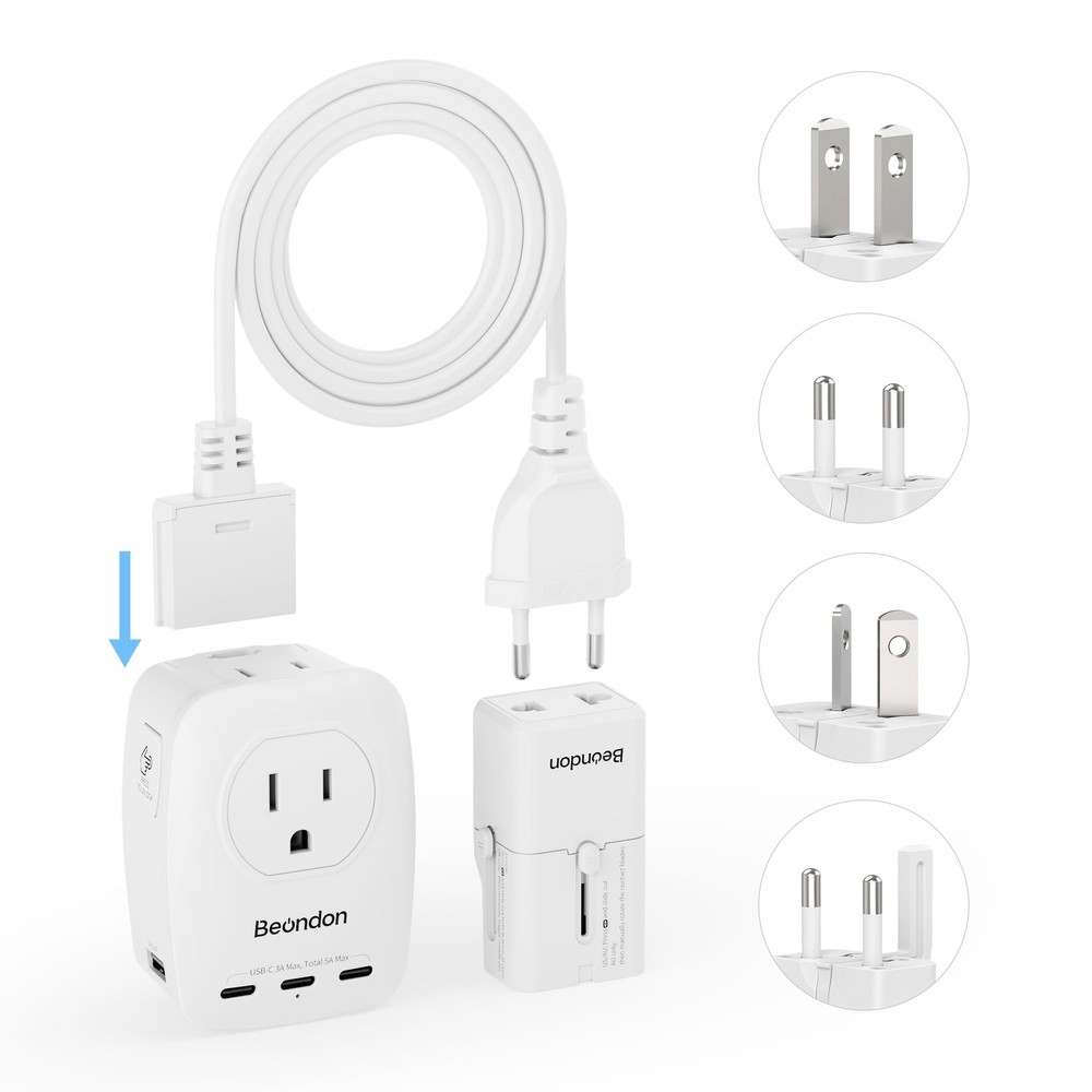 BEONDON European Travel Plug Adapter, 3 FT Power Strip with 5 USB Ports(3 USB…