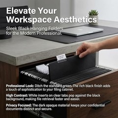 25 Pack Black Hanging File Folders Letter Size 8.5 x 11 in with Tabs and Inserts