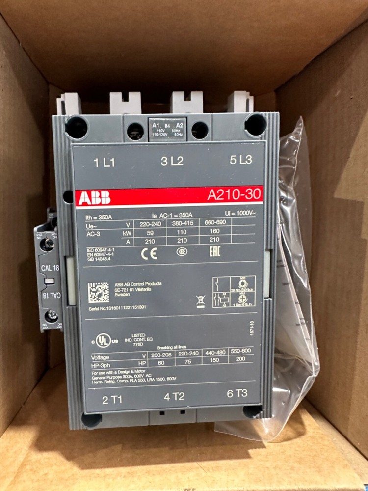 NEW ABB CONTACTOR 3 POLE 350 AMPS A210-30-11 100V-240V COIL 120V 240V