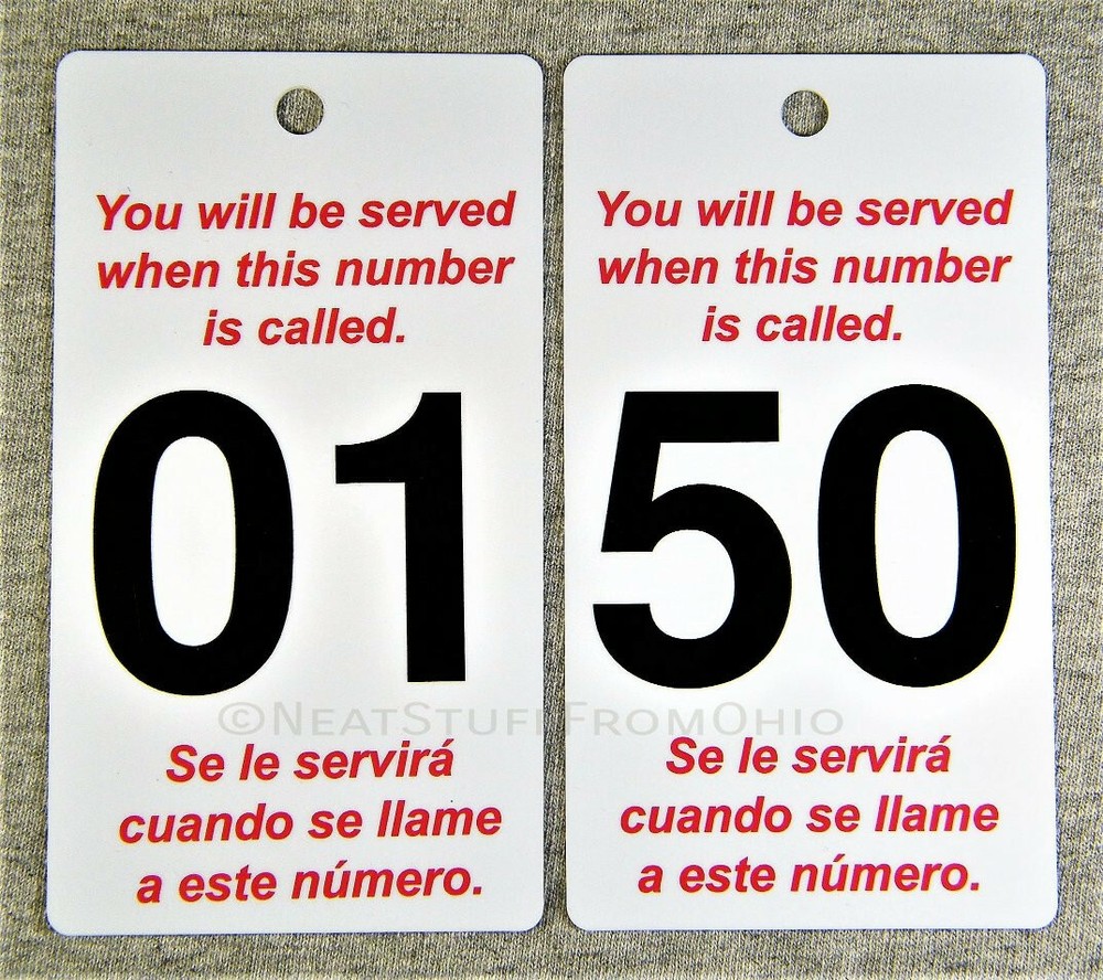 TAKE A NUMBER CARDS, PRINTED BOTH SIDES, No. 01-50, HIGHEST-QUALITY, THICK PVC