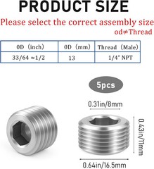 5 PCS 3/8″ NPT Male Pipe Plug Stainless Steel Pipe Plug Fitting Set Hex Counter