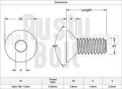 M3 x 5mm, Socket Flat Head Screws, 12.9 Steel, Black, Countersunk