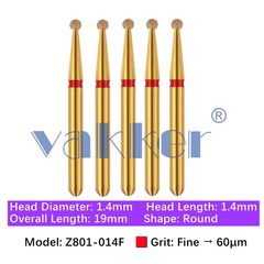 Vakker 5pc Dental Zirconica Diamond Burs w/ Metal Holder Z801 Z801L Round Shape