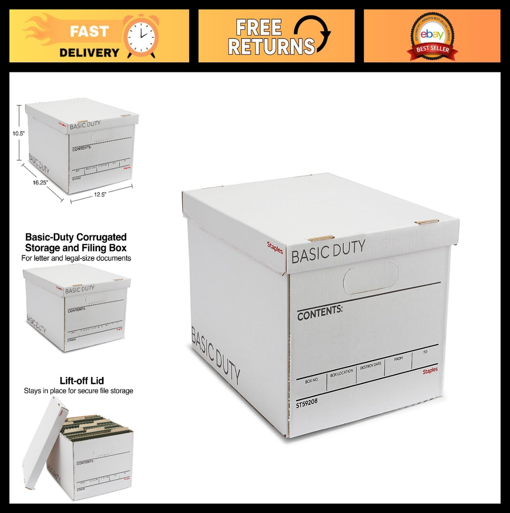 Corrugated File Box with Lift Off Lid, Letter/Legal Size, 10 Pack, White/Black