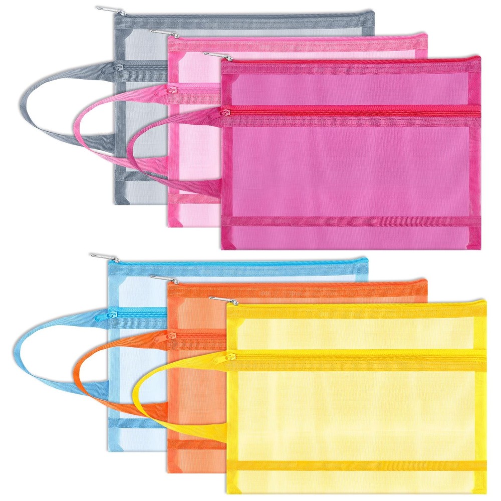 A5 Double-Layer Nylon Mesh Zipper Pouch Bags with Handle 6-Pack Multicolor