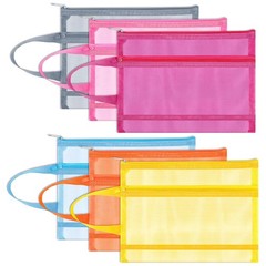 A5 Double-Layer Nylon Mesh Zipper Pouch Bags with Handle 6-Pack Multicolor