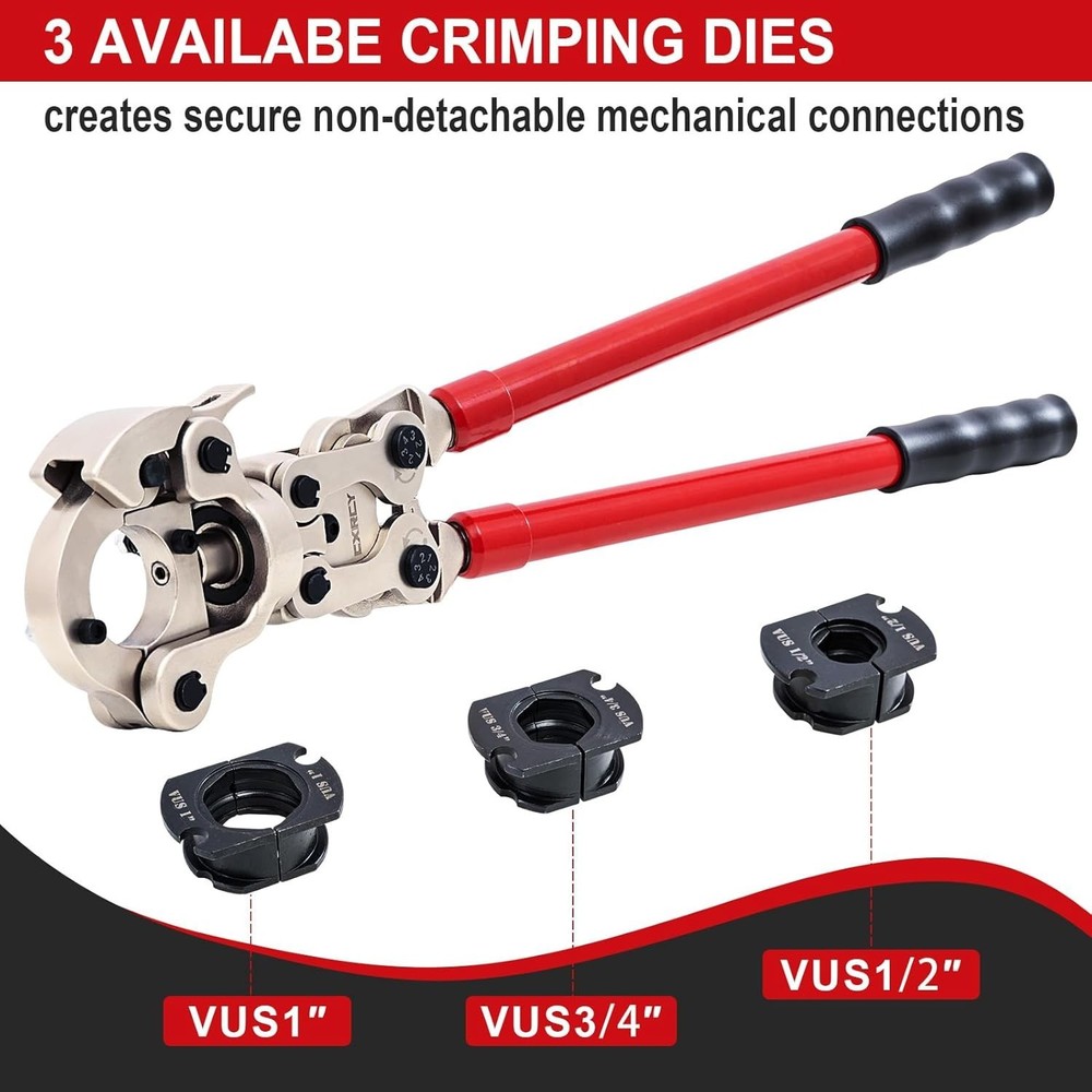 Copper Pipe Crimper Tool Kit 3 Jaws 1/2″ 3/4″ 1″ 360° Head Extendable Handle