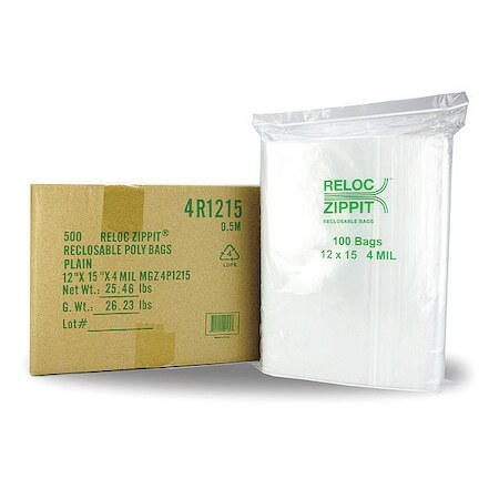 Reloc Zippit 4R1215 Reclosable Poly Bag 4-Mil, 12″X 15″, Clear
