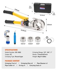Hydraulic Copper Tube Fittings Crimping Tool Kit for PEX Pipe, 1/2″-1″ Press Pli