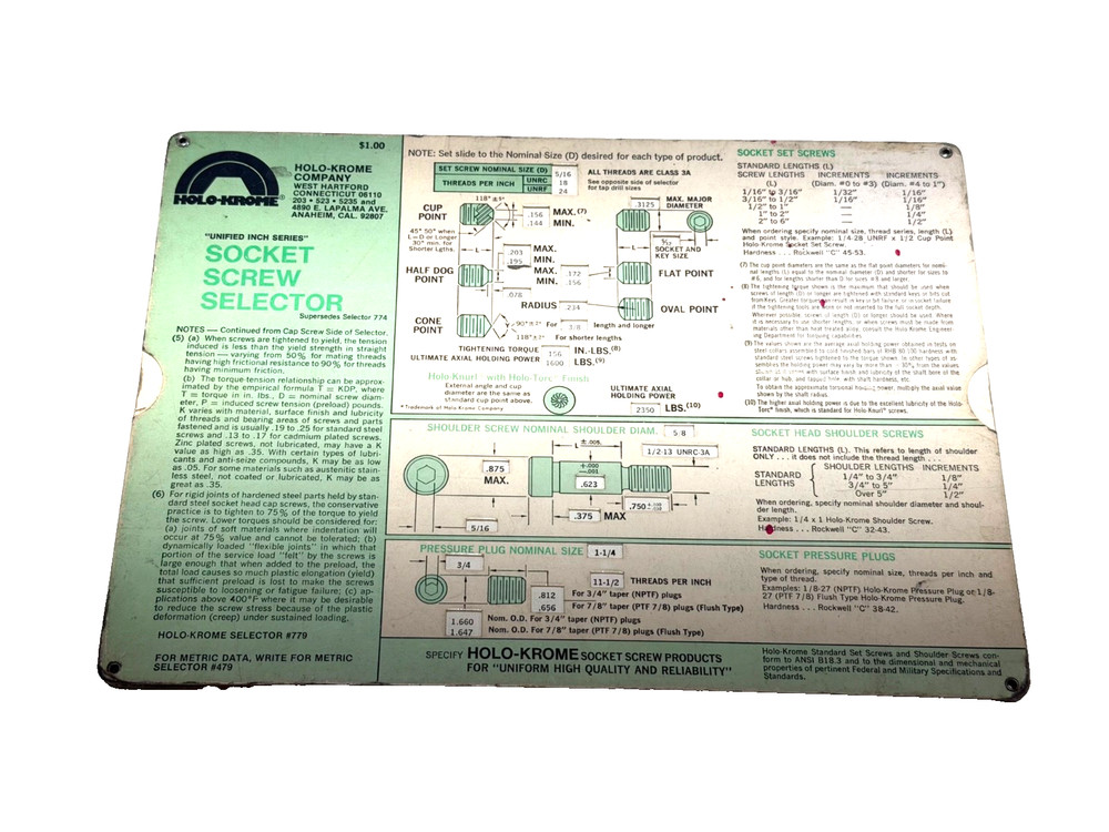 HOLO-KROME® SLIDING CHART, SOCKET SCRFEW SELECTOR, No. 779
