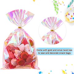 100 PCS Iridescent Cellophane Treat Bags, 6 x 10 Inches Holographic Plastic G…