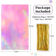 100 PCS Iridescent Cellophane Treat Bags, 6 x 10 Inches Holographic Plastic G…