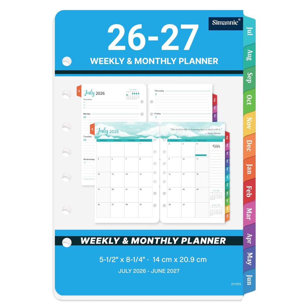 A5 Planner Refills 2026-2027 Weekly Monthly Inserts 7 Hole Jul26-Jun27 Tabs (