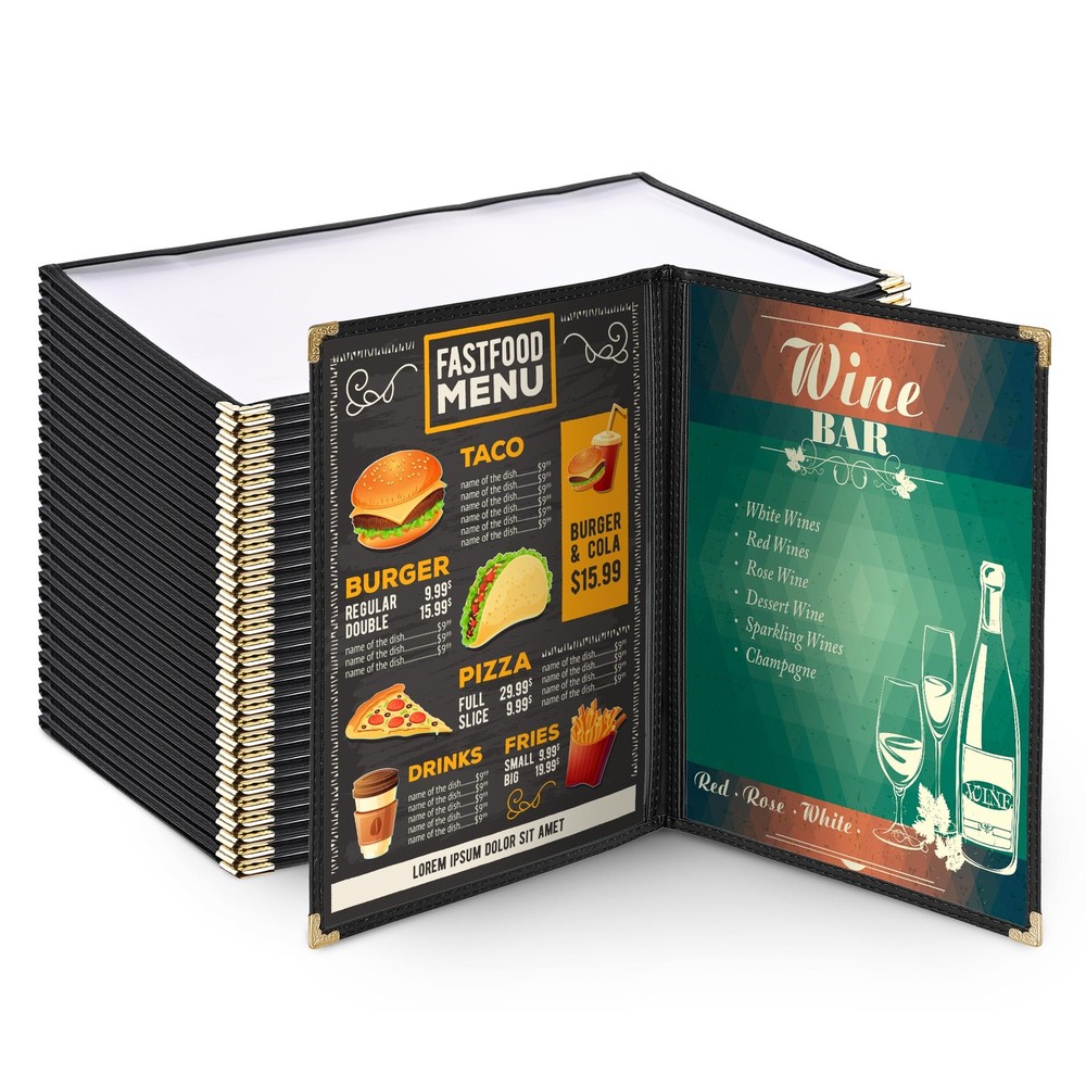 WeChef 30pcs Menu Cover 8.5×14 2 Page 4 View Double Fold Black Restaurant Cafe