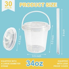 30 Sets 34 oz Drink Buckets with Lids and Straws, 30 34 oz, Transparent