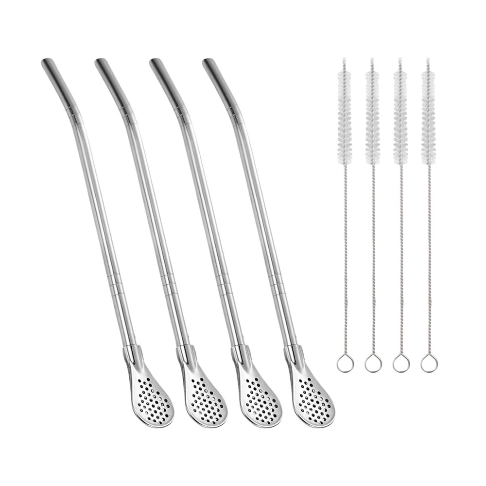 4 Pack Removable Stainless Steel Straw Filter Spoon & 4 Cleaning 4, Silver