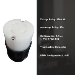 NEMA L16-30 Grounding Locking Connector, 30A 480V AC, 3 Pole 4 Wire, cUL Listed