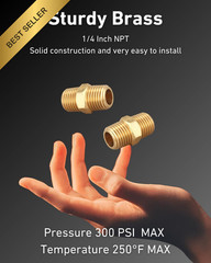 Brass Hex Nipple 1/4 Inch NPT Male Pipe Adapter Connector Fitting 0.5 OD 4 Pack