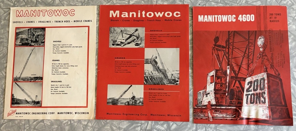 3 1950’S MANITOWOC FULL LINE SHOVELS CRANES DRAGLINES SALES BROCHURES + 4600