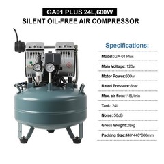 Ultra Quiet 50dB Oil-Free Air Compressor for Dental Use 24L Tank 120V Dual Gauge
