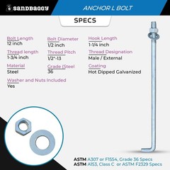 Sandbaggy 1/2″ x 12″ Threaded Concrete Anchor L-Bolts – Hot Dipped Galvanized