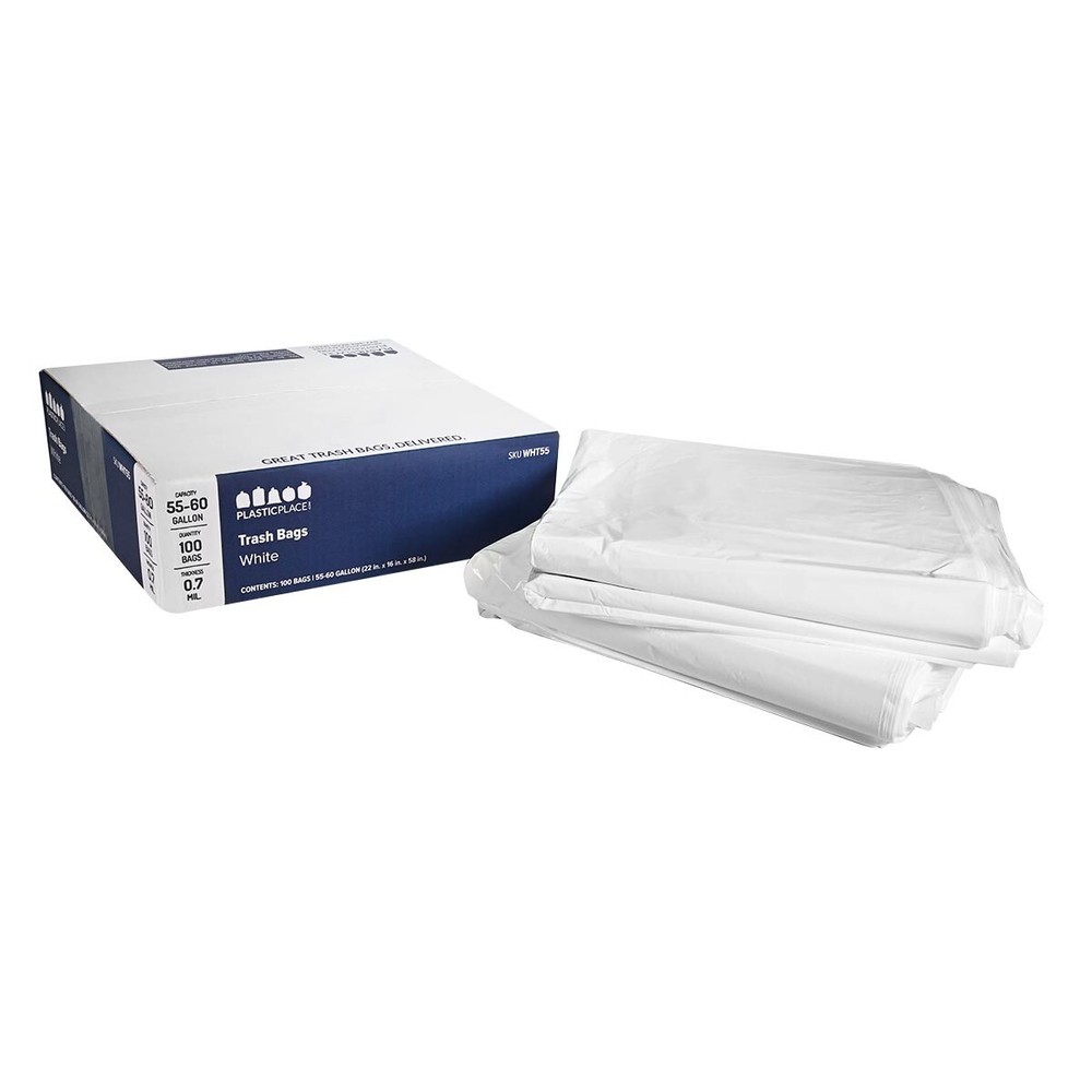Plasticplace 55-60 Gallon White Trash Bags, 0.7 Mil, 38″W x 58″H, 100 Count