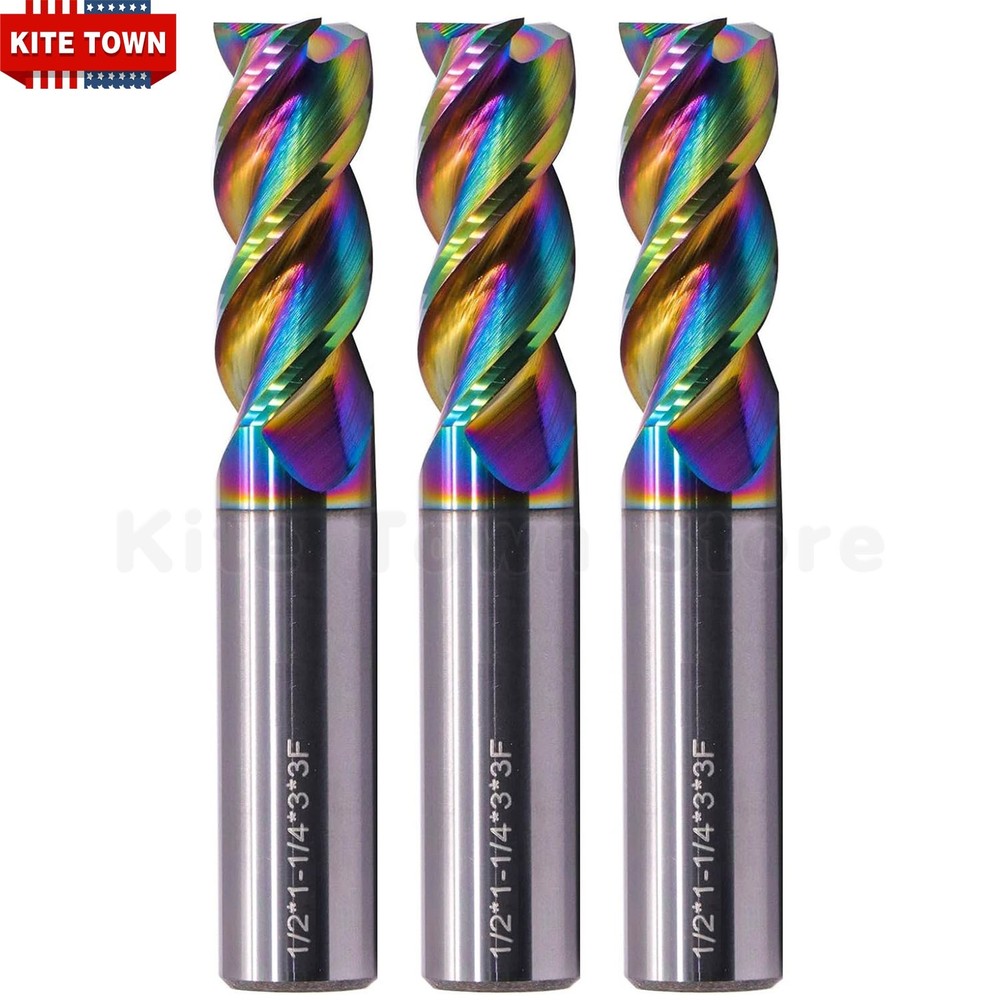 3Pcs 1/2″ 45° Helix 3 Flute Carbide Square End Mill For Aluminum – DLC Coated