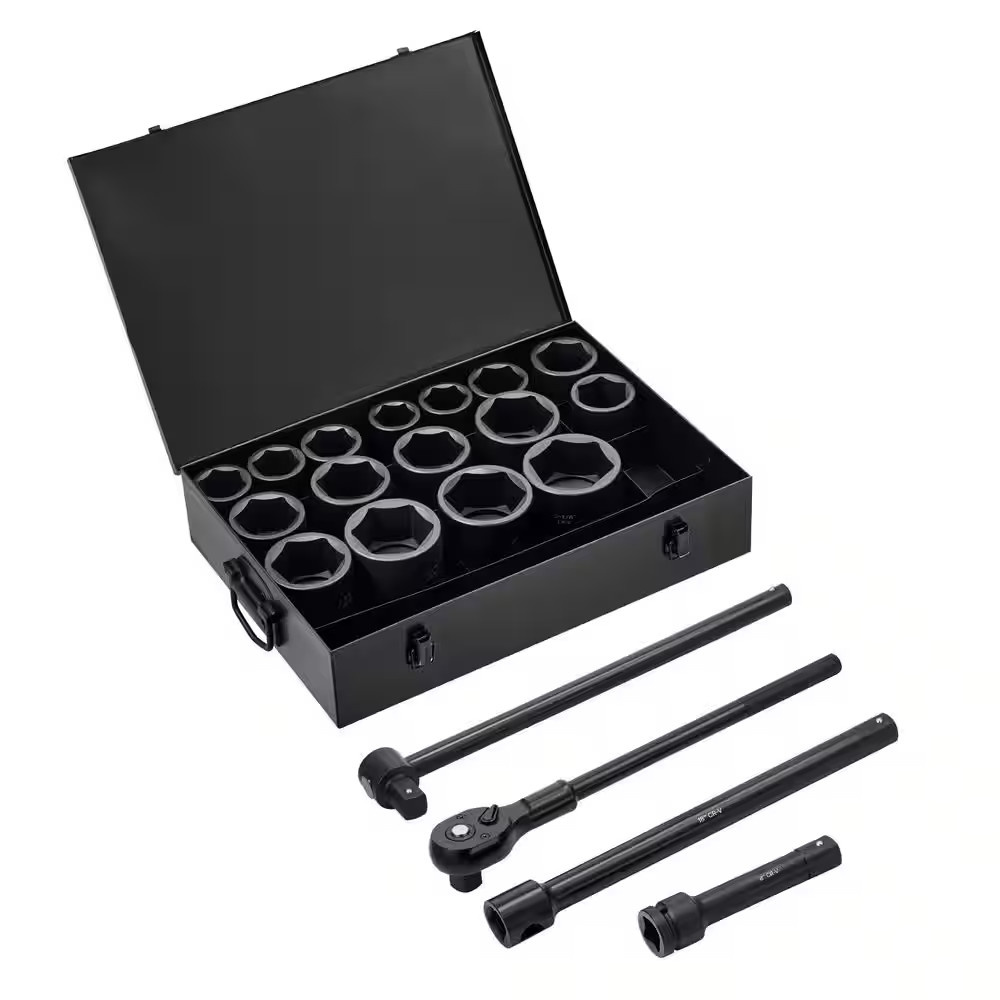 1 In. Drive 21-Piece SAE Impact Socket Set, 6-Point, 1-5/8 to 3-1/8 In., with Ex