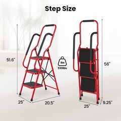 3 Step Ladder with Hankdrails, Folding Step Stool with Safety Lock, Red