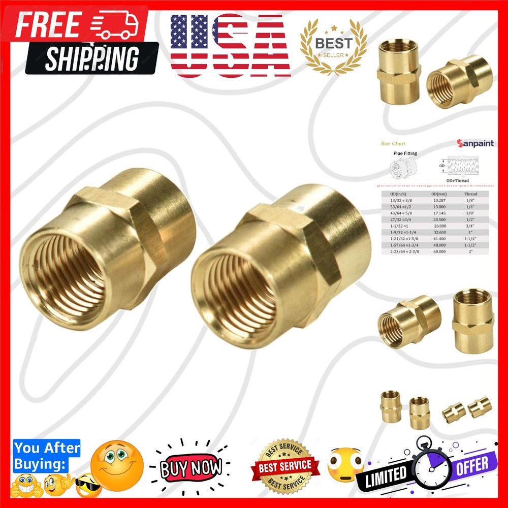 2 Pack 1/4″ x 1/4″ NPT Coupler, Brass Female Pipe Fitting 1/4″ x 1/4″ NPT Fem…