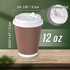 Joycode Brown12OZ Disposable Hot Coffee Insulated Ripple Paper Cups With Lids.