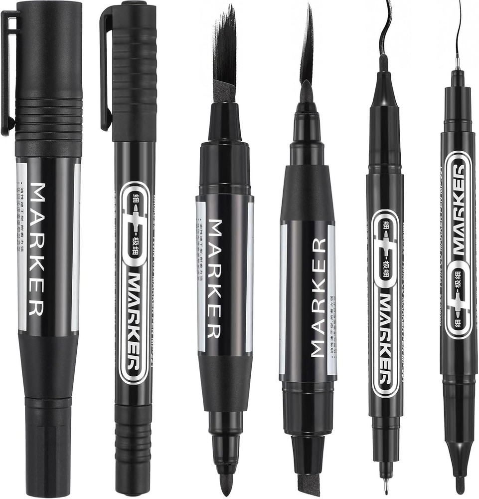 Blulu 6 Pcs Black Permanent Markers Variety Pack Double Sided Permanent Marker P