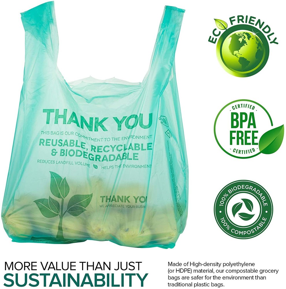 22 x 6.5 x 22 1/6 Green Biodegradable T-Shirt Plastic Grocery Shopping Bags