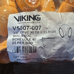 Bag of 25 3/4” CPVC 90 degree Elbow SOC X SOC Schedule 40 25 Per Bag V5007-007