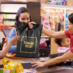 50 Pack Die Cut Plastic Shopping Bags with Thank 50 Count (Pack of 1), Black