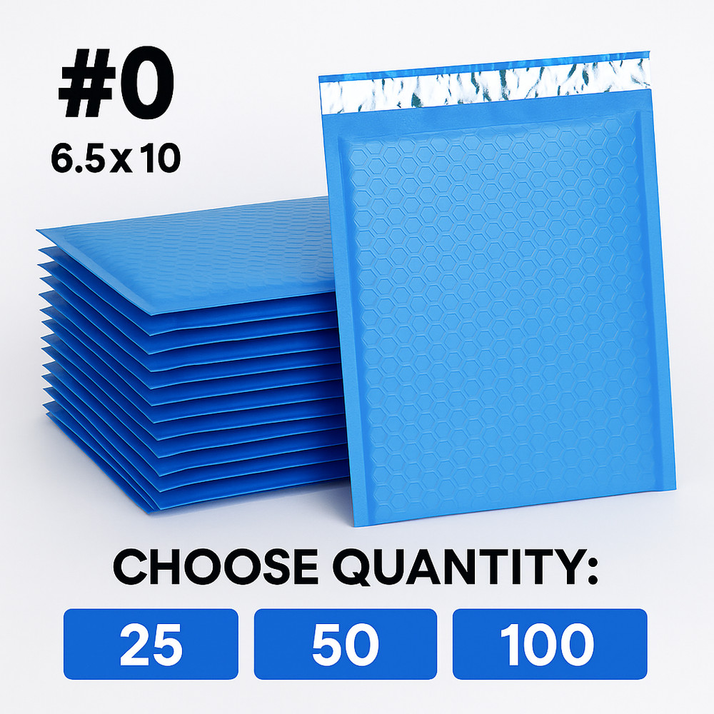 #0 6.5×10 Blue Poly Bubble Mailers Padded, Waterproof, Shipping Self-Seal