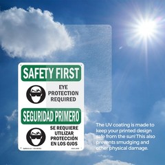 Eye Protection Required Bilingual OSHA SAFETY FIRST Sign Or Decal – 5 or 10 Pack