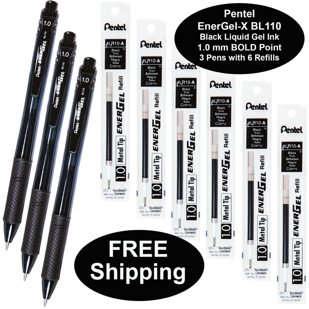 Pentel EnerGel BL110 1.0mm Bold, Black Gel Ink, 3 Pens with 6 LR10-A Refills
