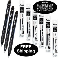 Pentel EnerGel BL110 1.0mm Bold, Black Gel Ink, 3 Pens with 6 LR10-A Refills