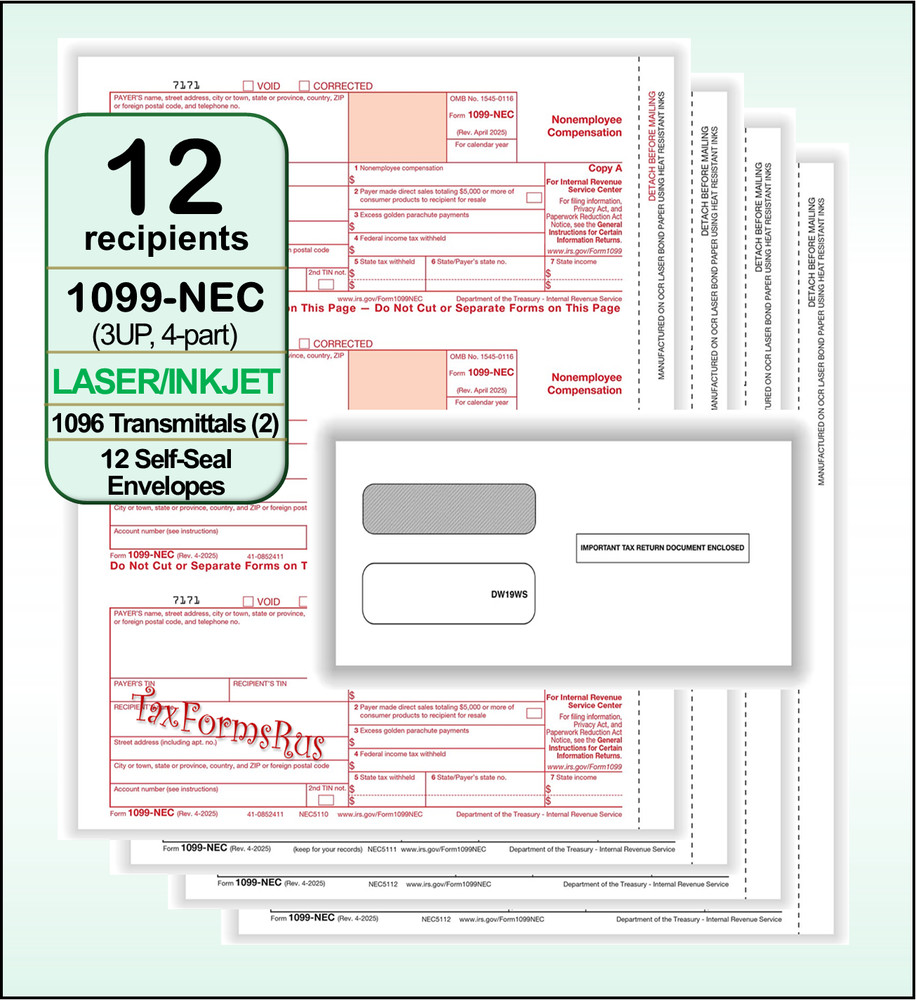 2025 IRS TAX FORMS KIT: 1099-NEC 12 recipients +envelopes +(2)1096 LASER 4pt 3UP