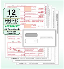 2025 IRS TAX FORMS KIT: 1099-NEC 12 recipients +envelopes +(2)1096 LASER 4pt 3UP