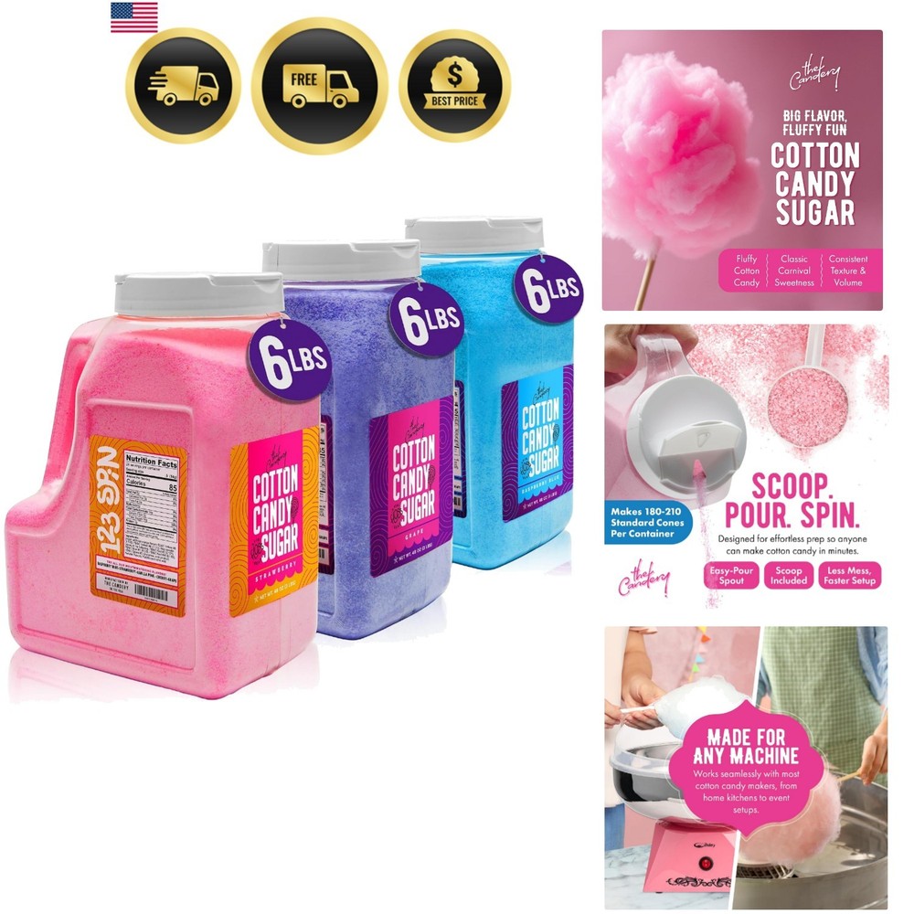 Cotton Candy Floss Sugar 6lbs 96oz jars- 3 Pack Strawberry, Raspberry Blue an…