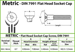 M4 Flat Head Socket Cap Screws, 12.9 Steel w/ Black Oxide DIN 7991, 0.70 Coarse