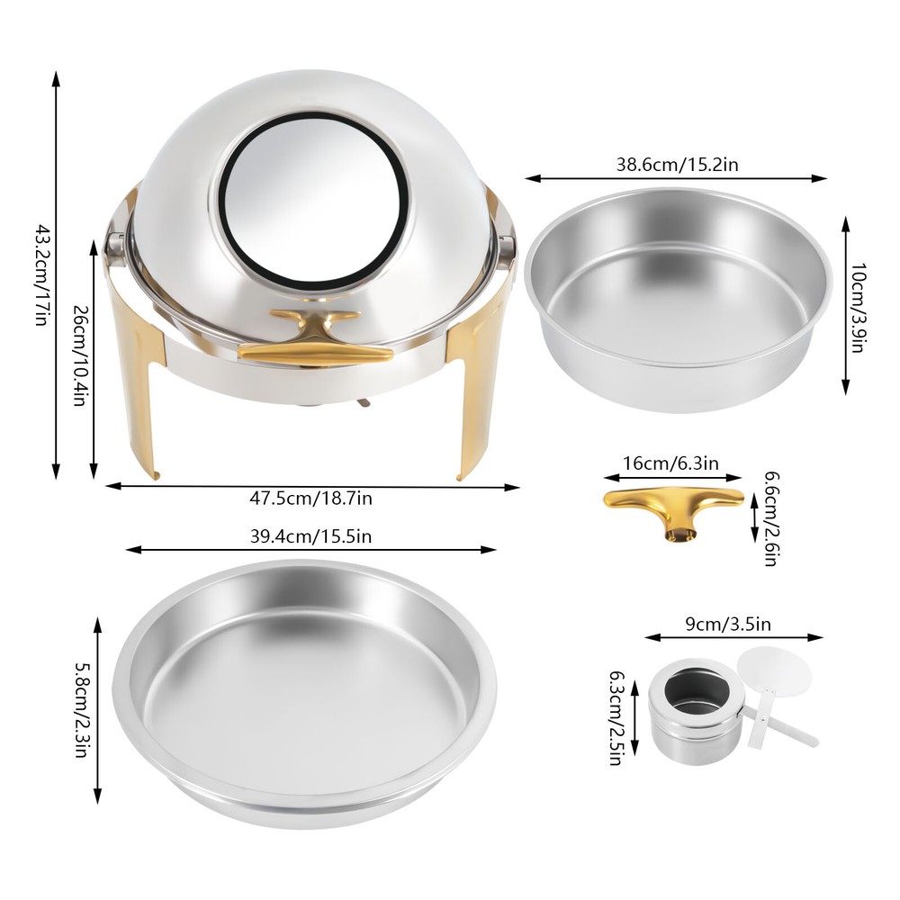 Roll Top Chafing Dish Buffet Set Gold Accent 6.3 Quart Round Stainless Steel