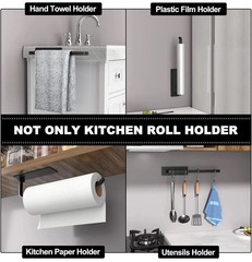 Matte Black Paper Towel Holder Self Adhesive Under Cabinet Kitchen Roll Dispense